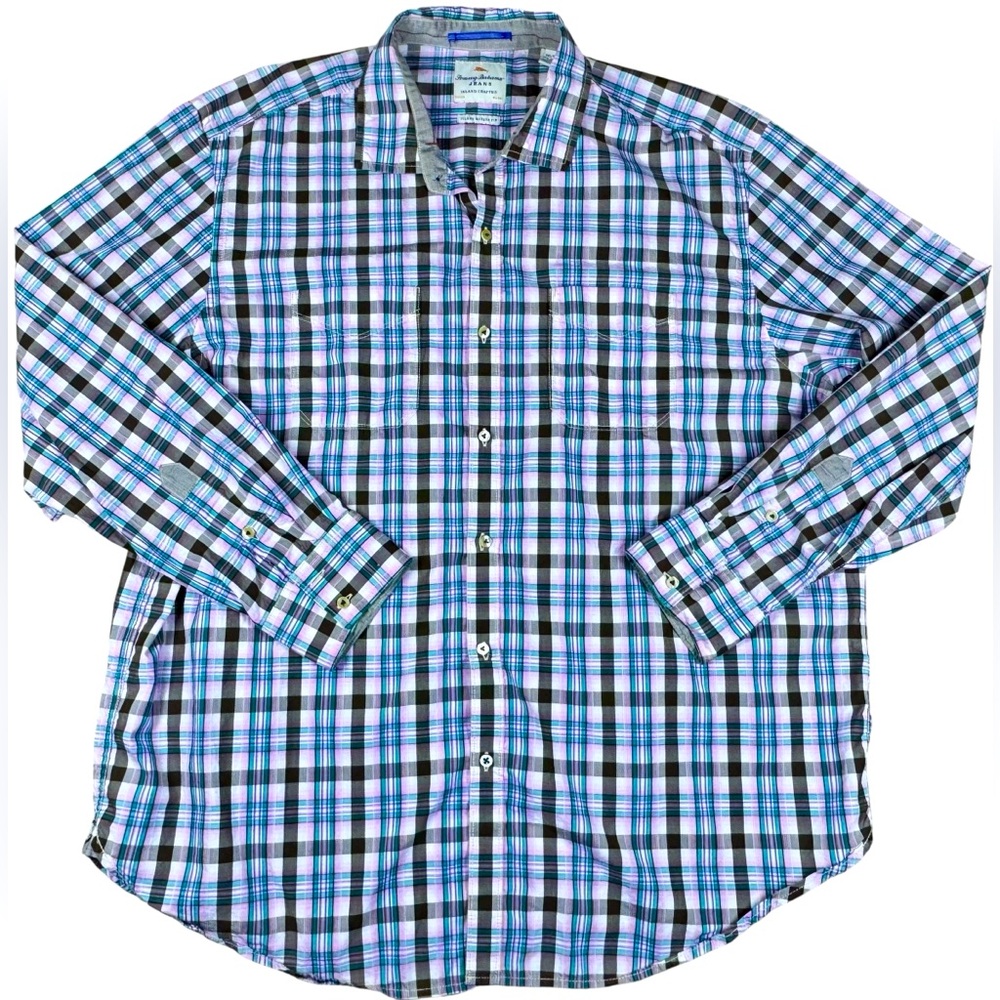 Tommy Bahama Island Modern Fit Long Sleeve Button Down Pink Brown Plaid XXL